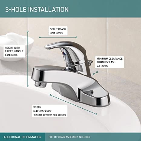 Peerless Centerset Bathroom Faucet Chrome, Bathroom Sink Faucet, Single Handle, Drain Assembly, Chrome- P136LF MEGA