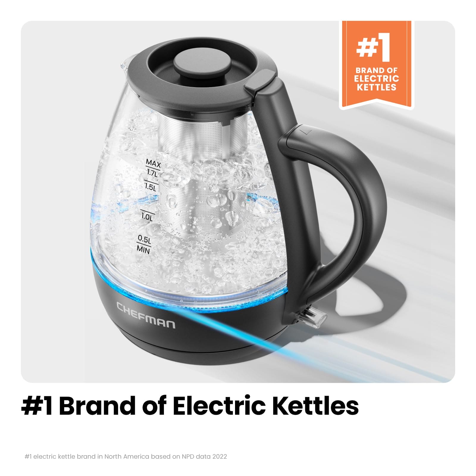 Chefman Electric Kettle with Tea Infuser, 1.7L 1500W, Removable Lid for Easy Cleaning, Boil-Dry Protection, Stainless Steel Filter, BPA Free, Auto Shut Off Hot Water Boiler, Glass Electric Tea Kettle EBUYSTT