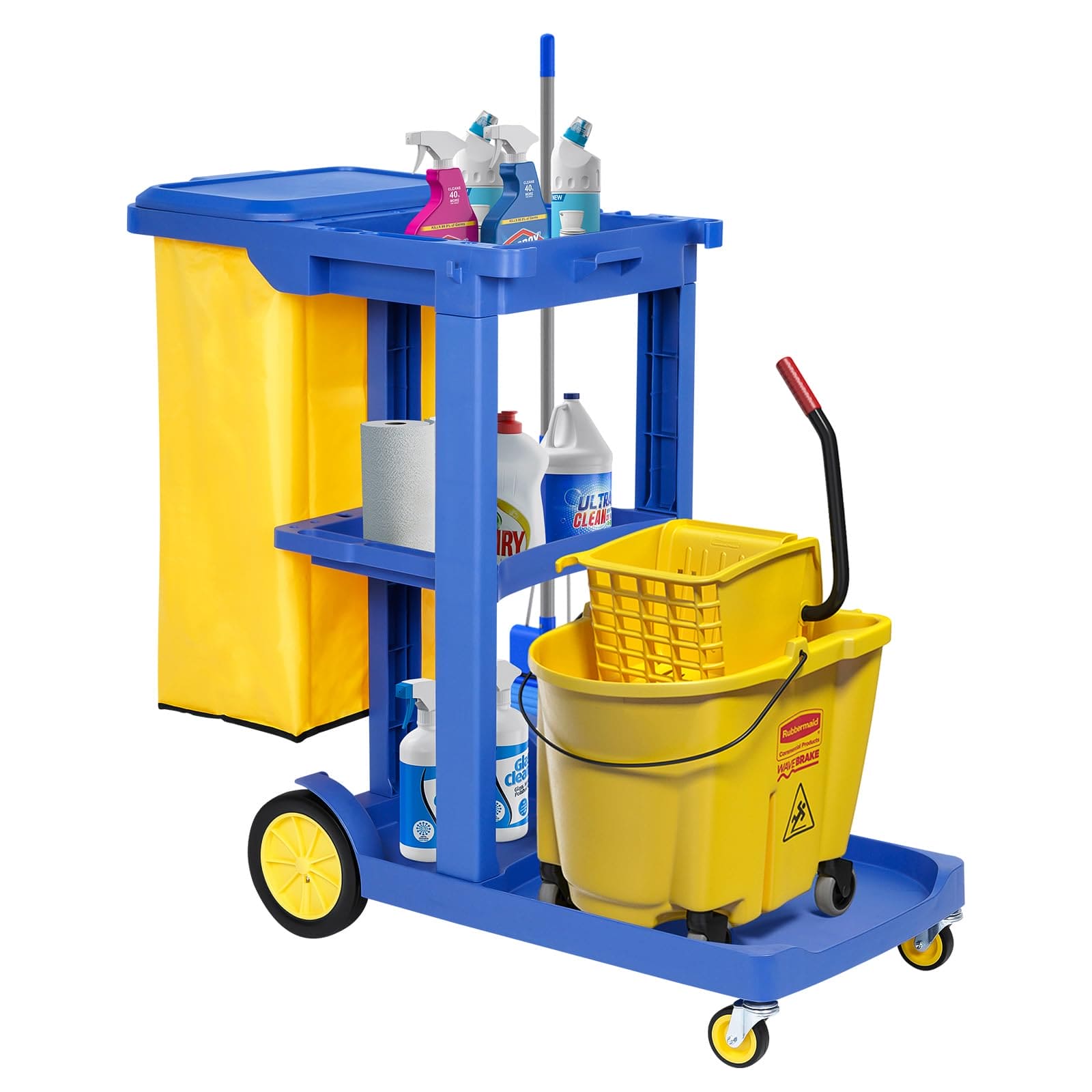 tonchean Commercial Janitorial Cart 3 Shelf, Housekeeping Janitor Cleaning cart, 200 Lbs Large Capacity Janitorial cart, Wheeled with 22 Gallon Yellow Vinyl Bag and Cover lid, Blue tonchean