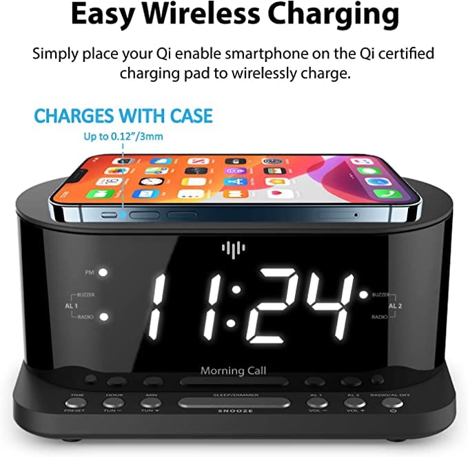 iLuv Morning Call 5 Qi-Certified Wireless Charging Bedside Digital Alarm Clock  Set up two alarms to accommodate different wake up schedules or share an alarm with your roommate-MORCAL5 Hannah's Variety Store
