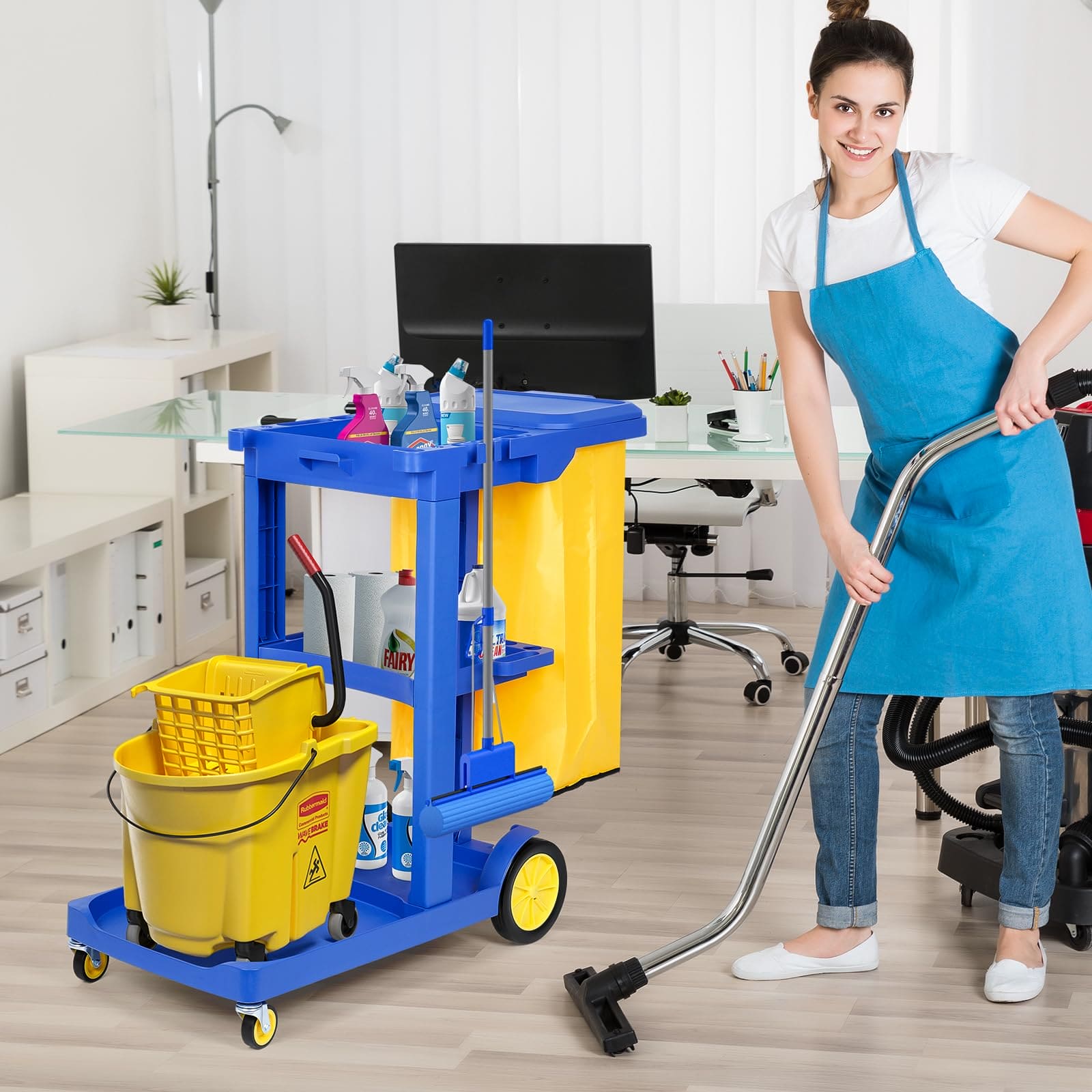 tonchean Commercial Janitorial Cart 3 Shelf, Housekeeping Janitor Cleaning cart, 200 Lbs Large Capacity Janitorial cart, Wheeled with 22 Gallon Yellow Vinyl Bag and Cover lid, Blue tonchean