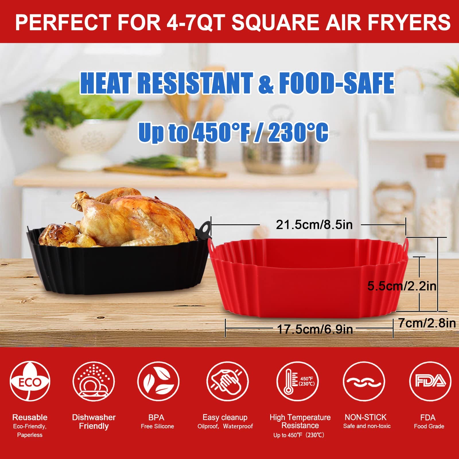 2-Pack Square Silicone Air Fryer Liners for 4-7QT, 8 Inch Silicone Air Fryer Liners Pot, Food Safe Air Fryer Oven Accessories, Replacement Of Parchment Paper, Reusable Air Fryer Silicone Inserts- B0BHH83JRP EBUYSTT