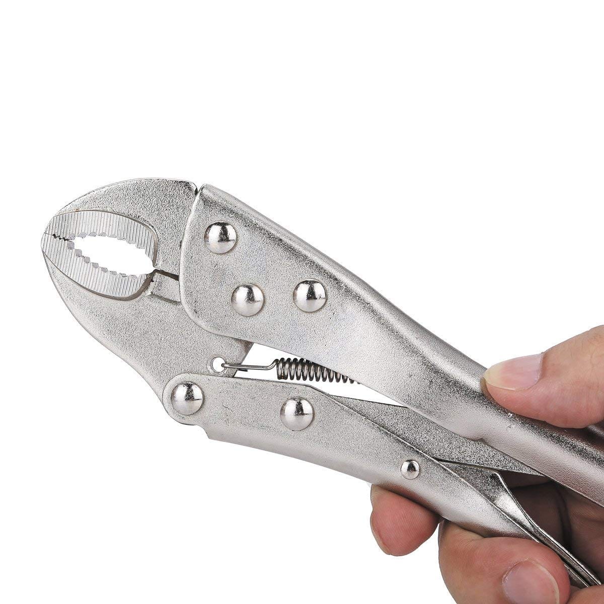Pretul Curved Jaw Locking Pliers for Tightening, Clasping, Twisting and Turning. Made with heat-treated alloy steel and Nickel-plated finish for increased corrosion resistance. Ideal for welders, mechanics and carpenters MEGA