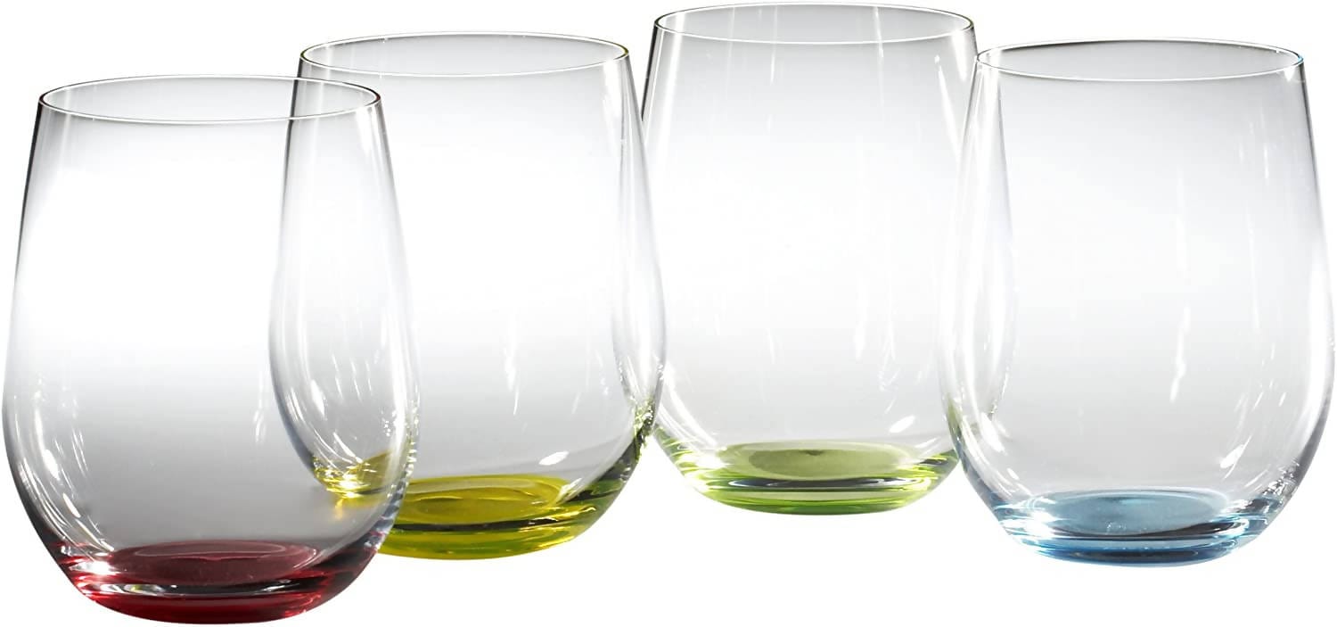 Riedel O Wine Tumbler Happy O (Set of 4) features a different colored base on each of the four tumblers: red, green, yellow, and blue. When used for water or white wine, the color visually diffuses into the liquid in an appealing maner - 5414/44 Pie's Variety Store