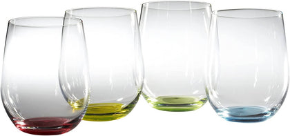 Riedel O Wine Tumbler Happy O (Set of 4) features a different colored base on each of the four tumblers: red, green, yellow, and blue. When used for water or white wine, the color visually diffuses into the liquid in an appealing maner - 5414/44