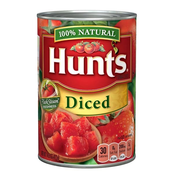 Hunt's Diced Tomatoes 8 Units / 411 g / 14.25 oz Enjoy the delicious taste of Hunt's chopped tomatoes. The flavor of Hunt's plant-ripened tomatoes enhances pizzas, casseroles, stews and chili con carne-176219 Hannah's Variety Store