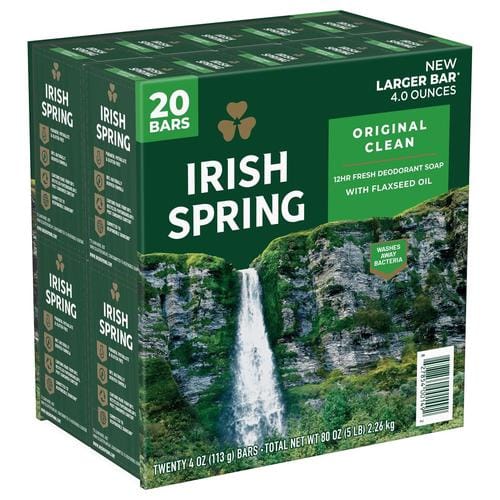 Irish Spring Deodorant Soap, 20 pack  113 g  20 X 113 G Large Bars - Washes away bacteria on body and can be used to wash your hands if you run out of hand soap. Paraben free bar soap, gluten free, and made without phthalates - 273680 dayana sifontes