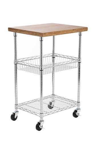 Seville Classics Chef's Rolling Table Bamboo  A practical industrial kitchen table, it has four 3 inch casters, two of which are lockable, a bottom shelf, a solid bamboo top, perfect for cutting, chopping and food processing-6829