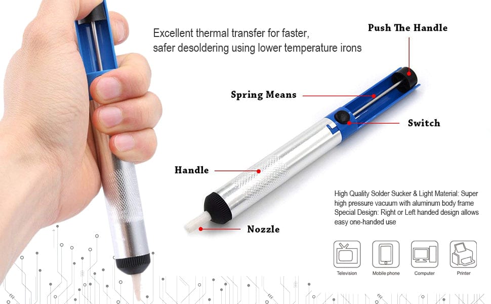 Metal Desoldering Pump, Solder Sucker - Desoldering Vacuum Pump Solder Remover The solder sucker can be used for broad place, which the solder wick can be used for small-50B410 Hannah's Variety Store