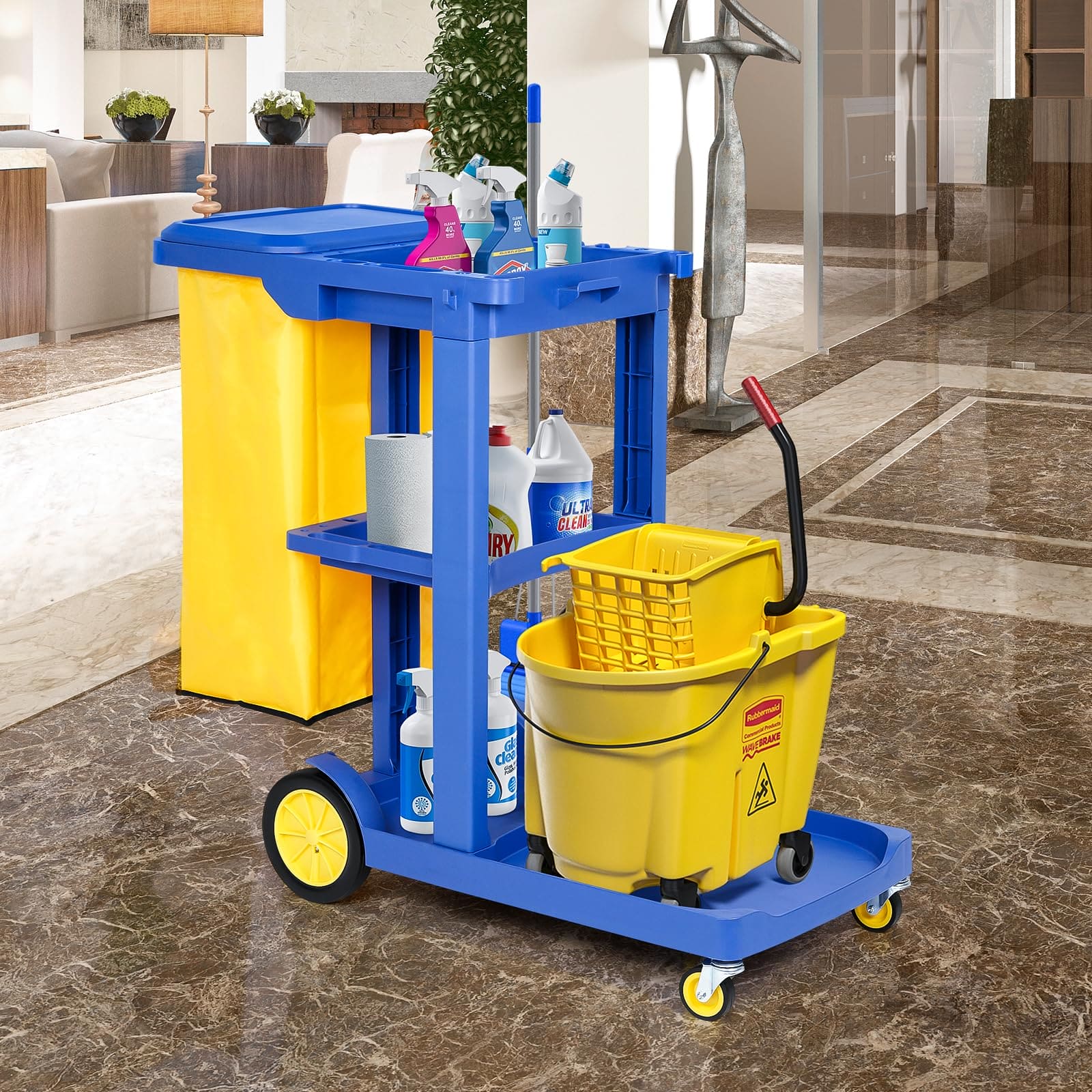 tonchean Commercial Janitorial Cart 3 Shelf, Housekeeping Janitor Cleaning cart, 200 Lbs Large Capacity Janitorial cart, Wheeled with 22 Gallon Yellow Vinyl Bag and Cover lid, Blue tonchean