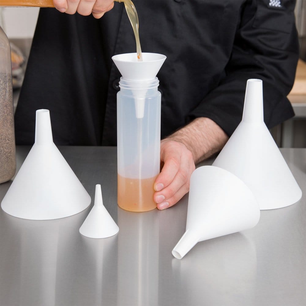 Tablecraft  5-Piece White Plastic Funnel Set This Tablecraft 5 white plastic funnel set is a necessity for any kitchen or restaurant-TABL-5