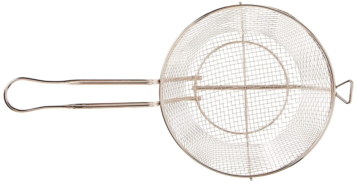 Royal Industries Fryer Basket Round 9.5 inches This fry basket securely holds food items while its cross support wiring underneath provides additional strength -RoyFB9RD