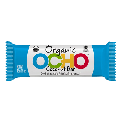 Organic Ocho Coconut, Peanut Butter and Caramel  Peanut Bar 42g  At OCHO, we make our own small-batch coconut filling with fresh organic  cane sugar, and vanilla extract for a true (vegan) delight. This has become our absolute best seller-81791102025