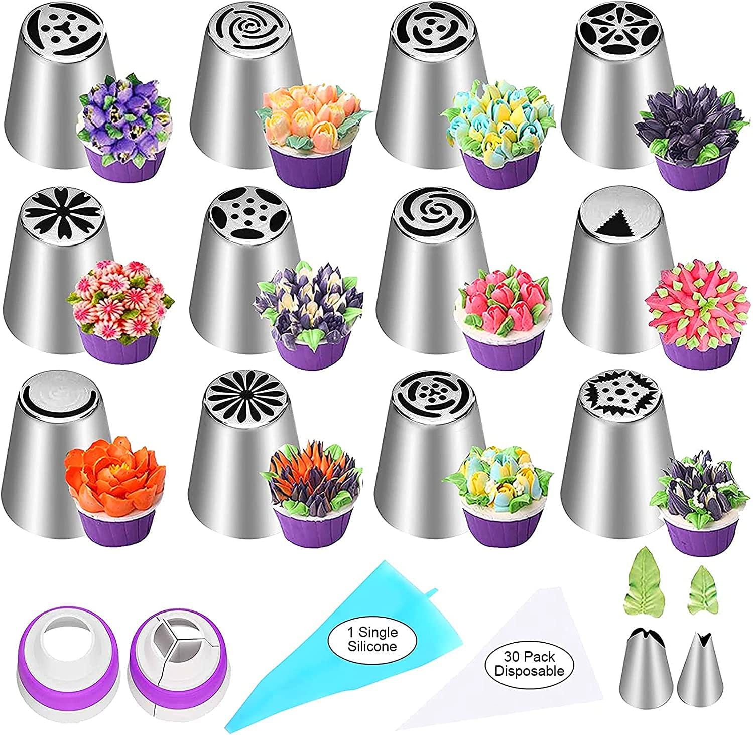 WILTON 47 Pcs Russian Piping Tips Set, 12 Flower Frosting Tips Nozzles Icing Tips for Cake Decorating Tips Kit, Baking Supplies for Cookie Cupcake, 2 Leaf Piping Tips 2 Couplers 30 Pastry Baking Bags - WIL-103-X002PV
