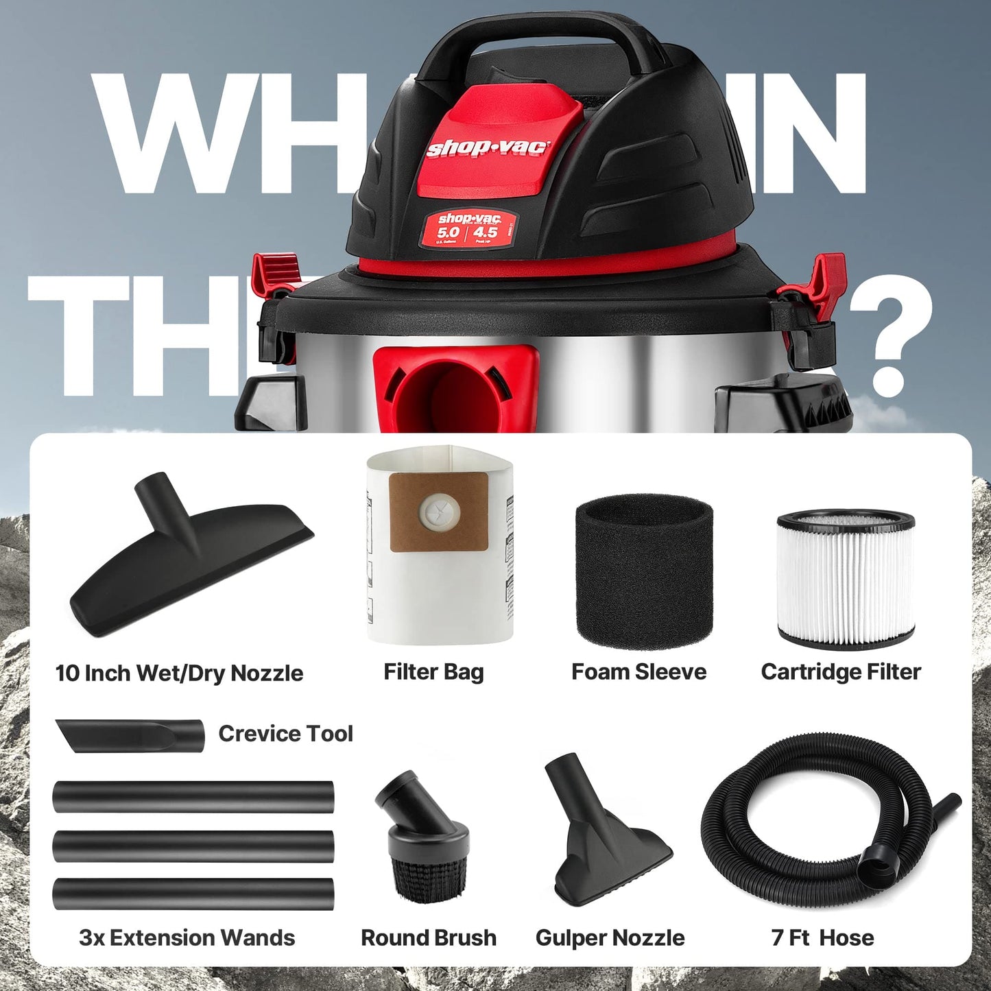 Shop-Vac 5 Gallon 4.5 Peak HP Wet/Dry Vacuum, Stainless Steel Tank, Portable Shop Vacuum with Filter, Hose and Accessories for Garage, Workshop. 5920588 Shop-Vac