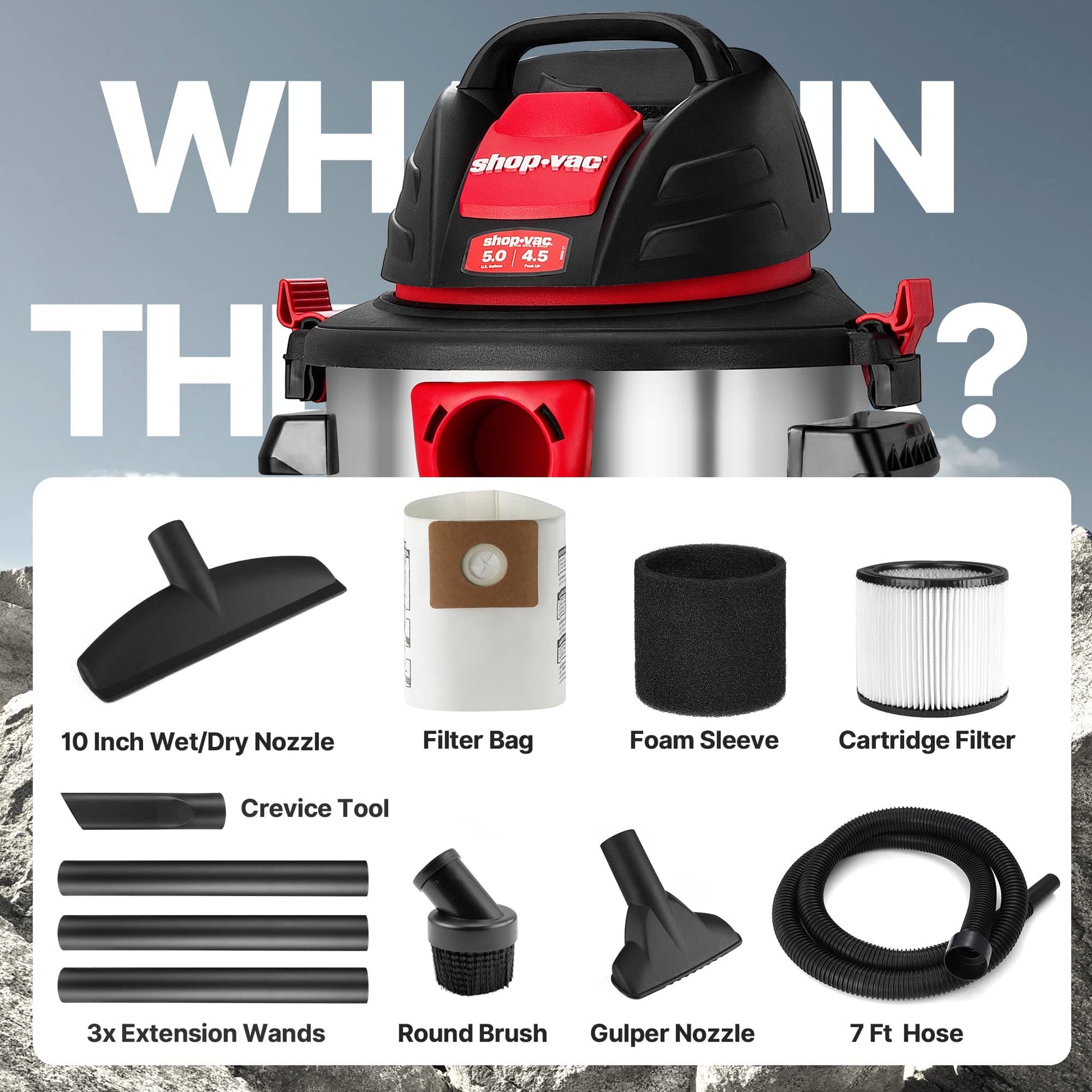 Shop-Vac 5 Gallon 4.5 Peak HP Wet/Dry Vacuum, Stainless Steel Tank, Portable Shop Vacuum with Filter, Hose and Accessories for Garage, Workshop. 5920588 Shop-Vac
