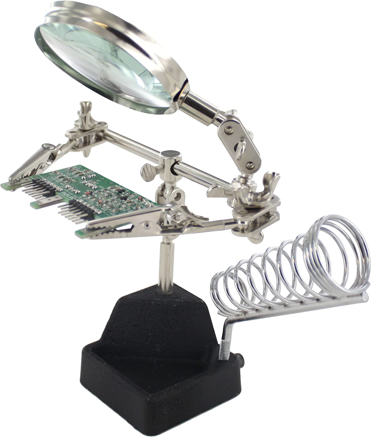Miyako USA Helping Hand with Magnifying Glass and Solder Iron Stand Helping hand with magnifying glass. Designed with the pyrography, electrician, jeweler, and everyday user in mind, this helping hand is perfect for soldering-HH-4