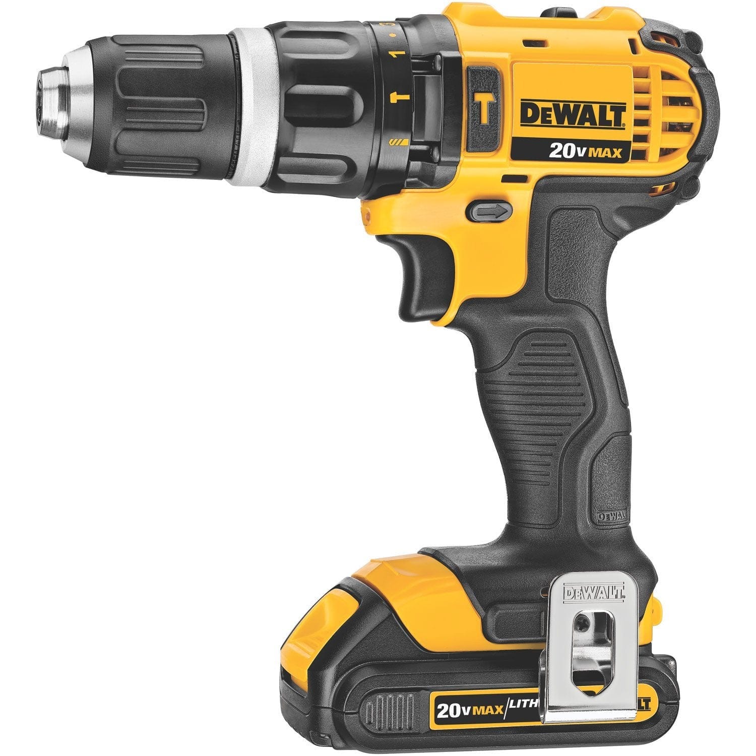 Dewalt 20V Max Lithium Ion Compact Hammerdrill Kit (1.5 AH) 13 MM Cordless Hammer Drill / Drill Driver - High Performance Motor Delivers Power And Ability Completing A Wide Range Of Applications - DCD785C2