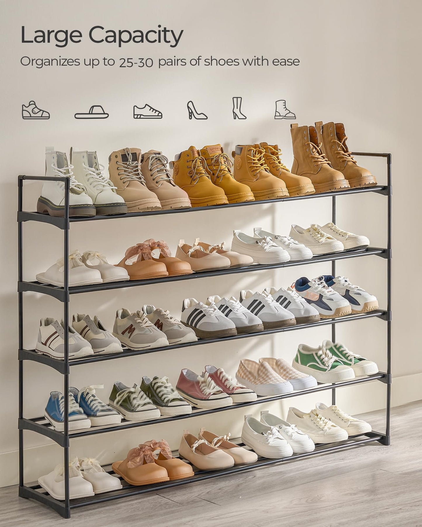 SANGMUCEN Shoe Rack, 5 Tier Shoe Organizer, Shoe Rack for Closet, Metal Shoe Storage Organizer for 30 Pairs, Black SSR051H SANGMUCEN