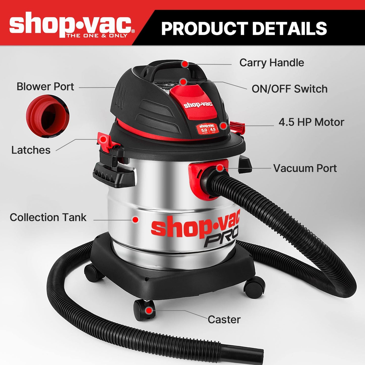Shop-Vac 5 Gallon 4.5 Peak HP Wet/Dry Vacuum, Stainless Steel Tank, Portable Shop Vacuum with Filter, Hose and Accessories for Garage, Workshop. 5920588 Shop-Vac