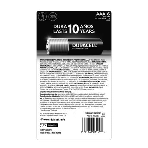 Duracell AAA Batteries Rechargeable 6 Units  Duracell rechargeable batteries have a high performance for your electronic devices and medium size devices-398003