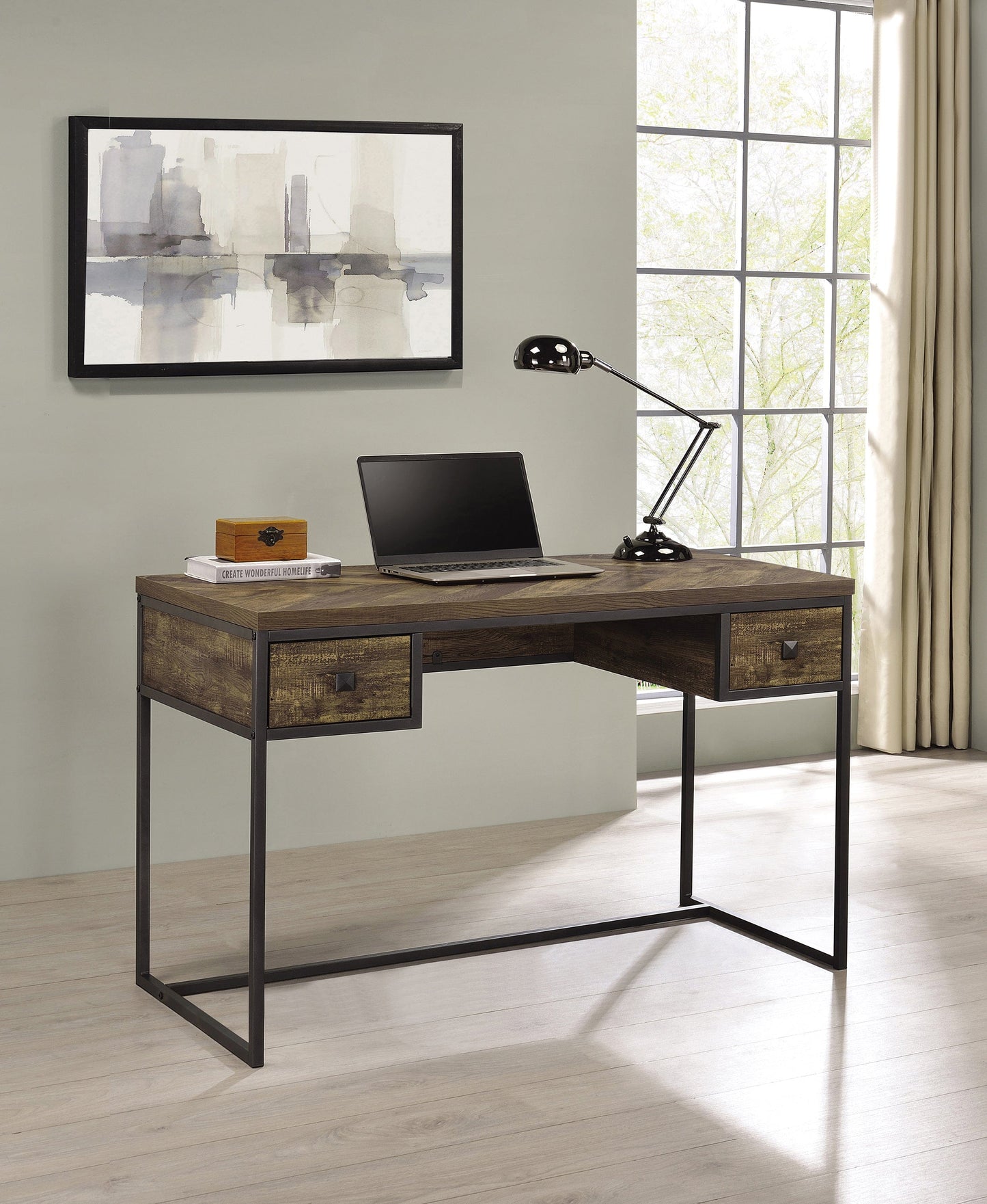 Millbrook 2-Drawer Writing Desk Rustic Oak Herringbone And Gunmetal SKU: 882091 coastmega