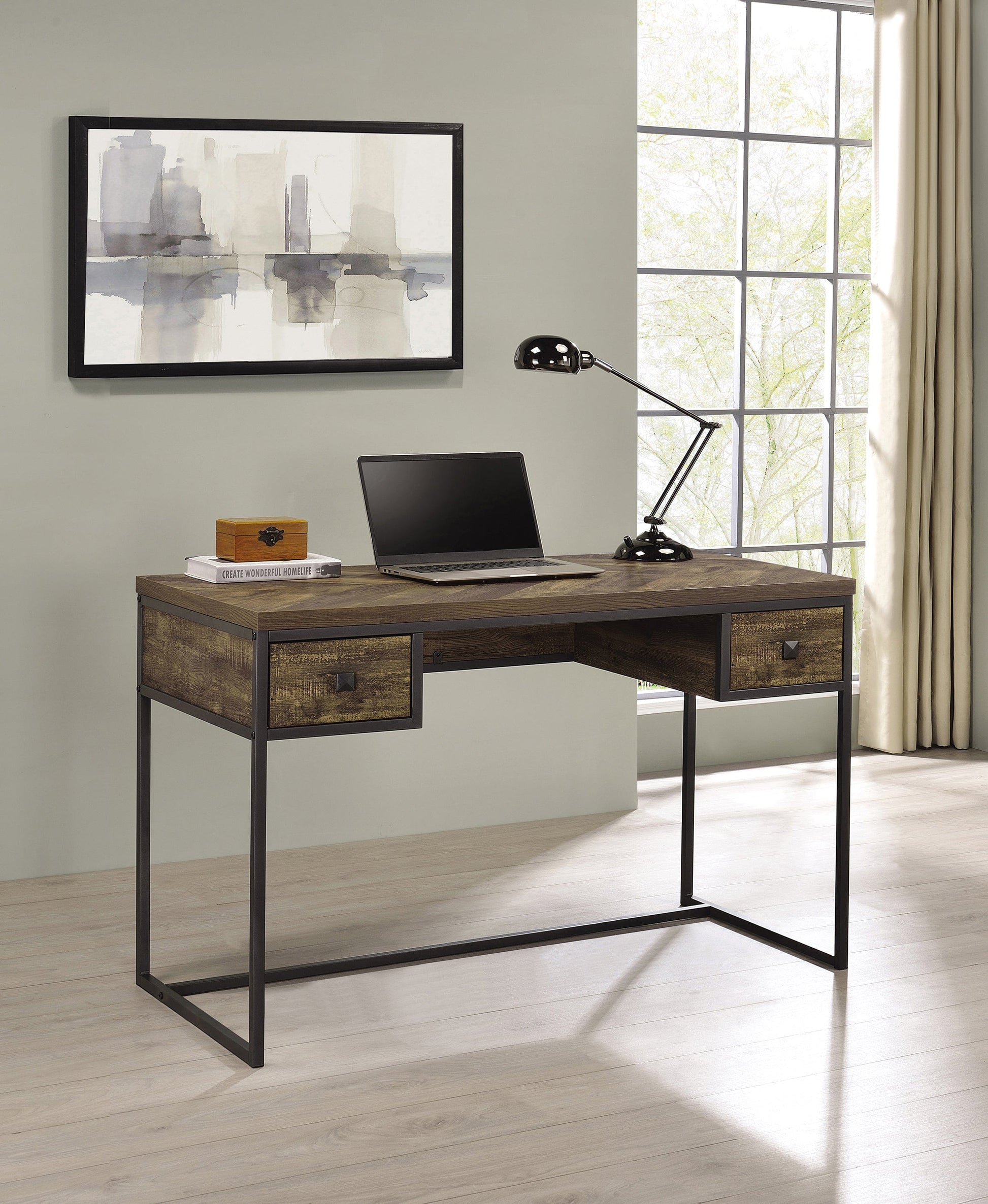 Millbrook 2-Drawer Writing Desk Rustic Oak Herringbone And Gunmetal SKU: 882091 coastmega