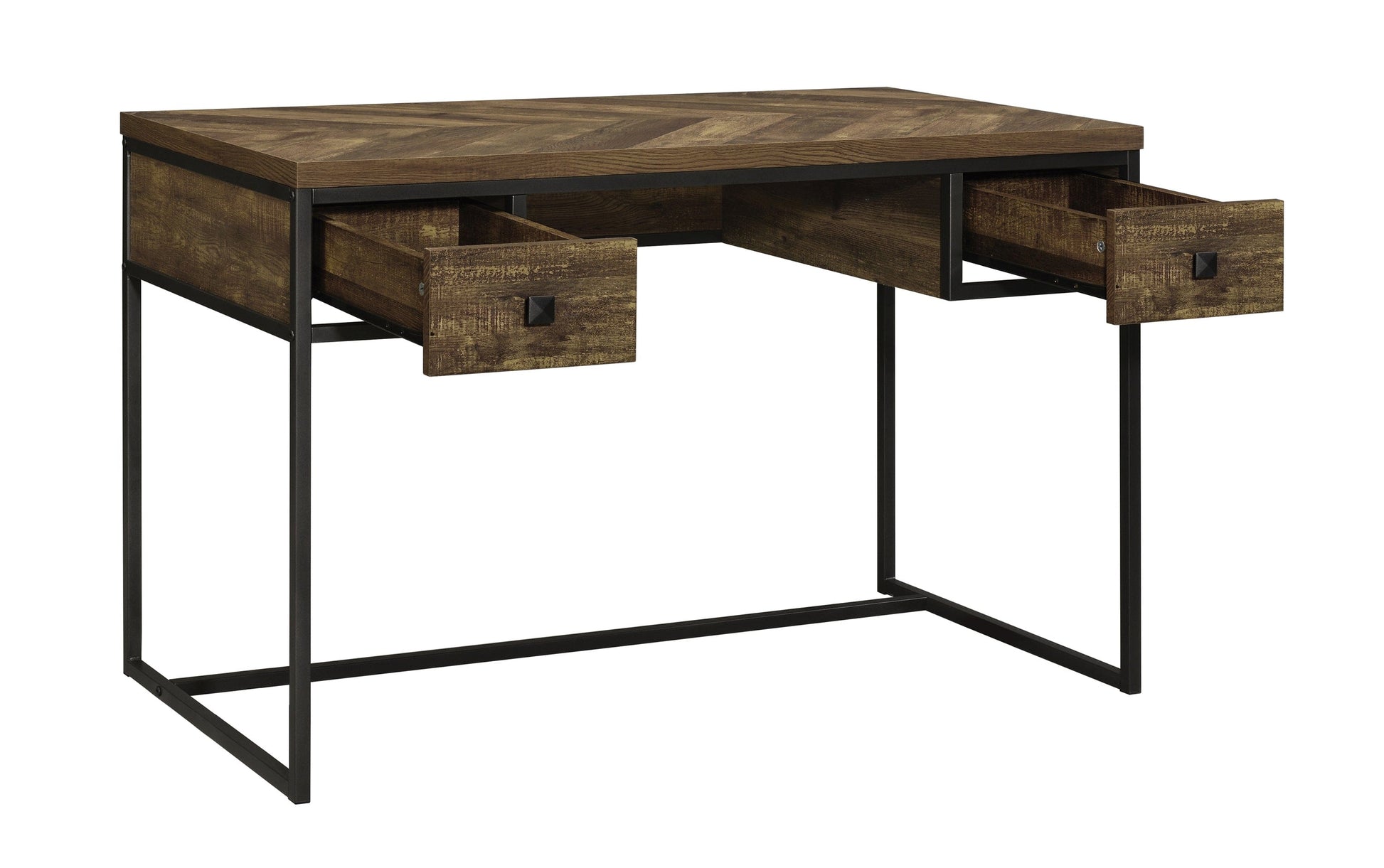 Millbrook 2-Drawer Writing Desk Rustic Oak Herringbone And Gunmetal SKU: 882091 coastmega