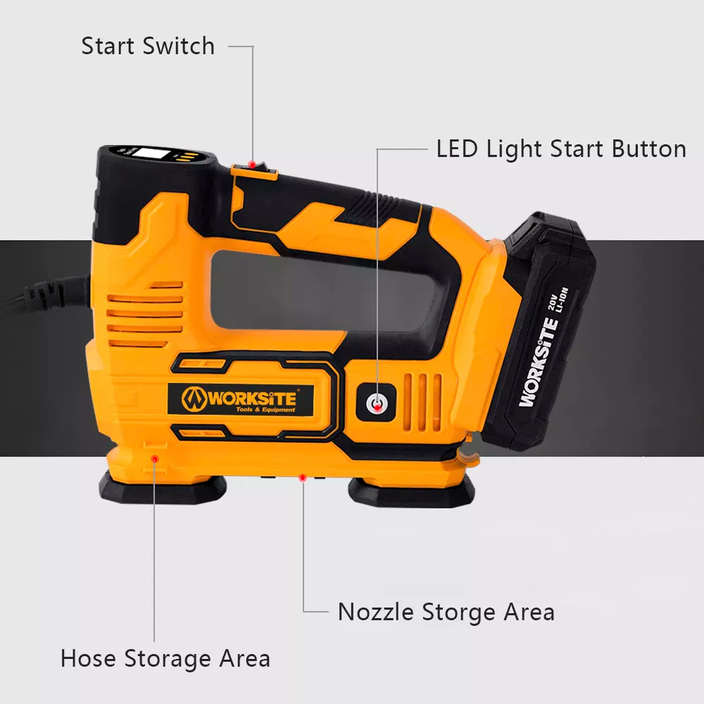 WORKSITE Tire Inflator 20V Battery Air Pump Compressor Digital 150PSI Portable Vehicle Car Bike Cordless Inflator - CAP334 Worksite Power Tools