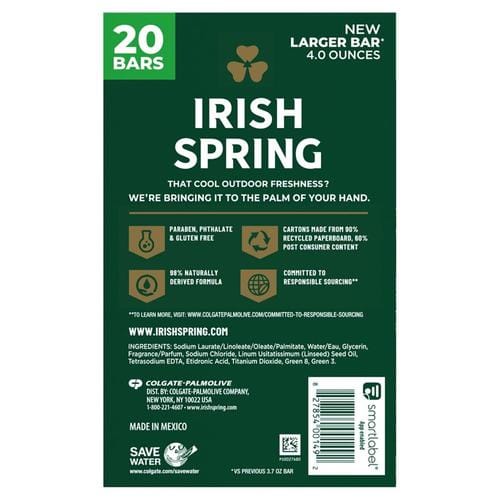 Irish Spring Deodorant Soap, 20 pack  113 g  20 X 113 G Large Bars - Washes away bacteria on body and can be used to wash your hands if you run out of hand soap. Paraben free bar soap, gluten free, and made without phthalates - 273680 dayana sifontes