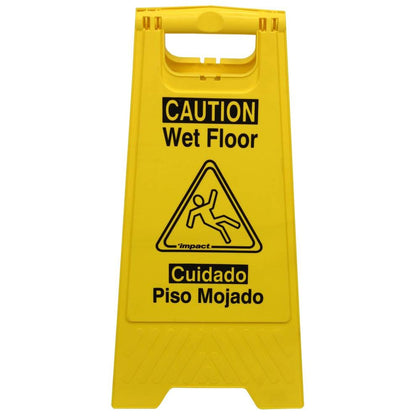 English/Spanish Caution Wet Floor Sign Prevent slips and falls with this 24 inch high, Caution Wet Floor Sign Yellow wet floor sign features a bright color that makes it highly visible. This wet floor sign has a two-sided warning message -CWFS12