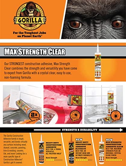 Gorilla Max Strength Clear Construction Adhesive, 9 ounce Cartridge, (Pack of 1) BONDS: Glass, Ceramic, Stone, Tile, Wet Surfaces, Landscaping, Decks, Trim/Molding, Metal, and More!- 8212302 MEGA
