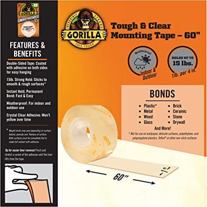 Gorilla Tough & Clear Double Sided Mounting Tape, 1" x 60", Clear. Bonds to: Brick, concrete, stone, glass and more, -6065003 Mega