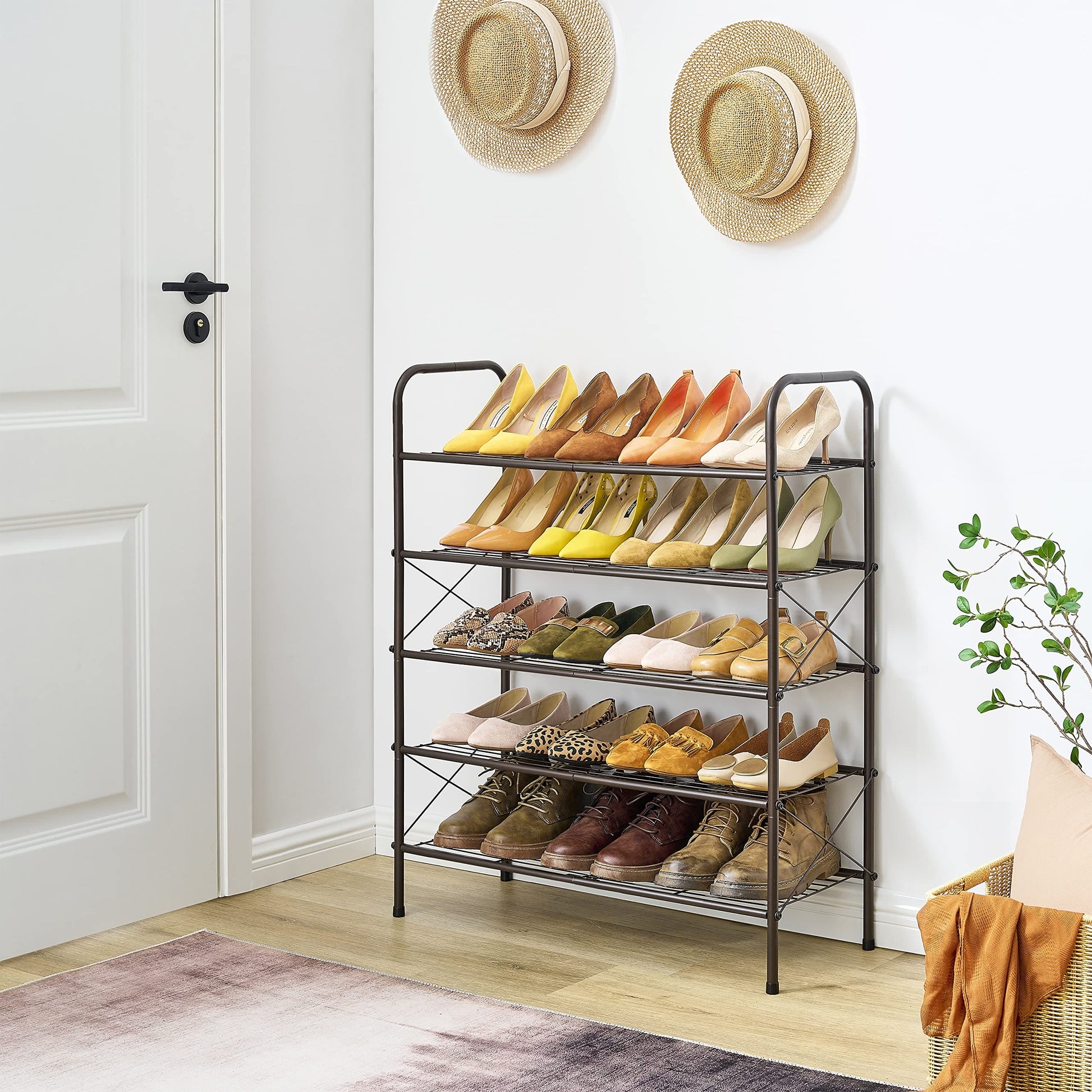 Tajsoon 5-Tier Freestanding Shoe Rack Organizer, Adjustable & Expandable Shoe Storage Shelf for Entryway, Metal Wire Grid with X Shape Fixed Frame, Bronze Tajsoon