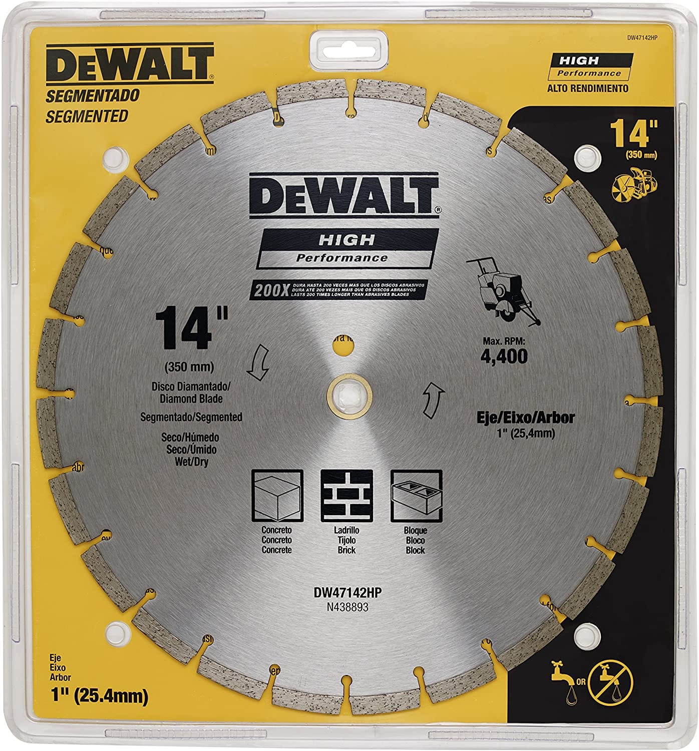 Dewalt Diamond Blade Segmented 14" (350MM) Wet/Dry Use for general purpose cutting of cured concrete, pavers, brick, block, bluestone, flagstone or any similar materials - DW47142HP MEGA