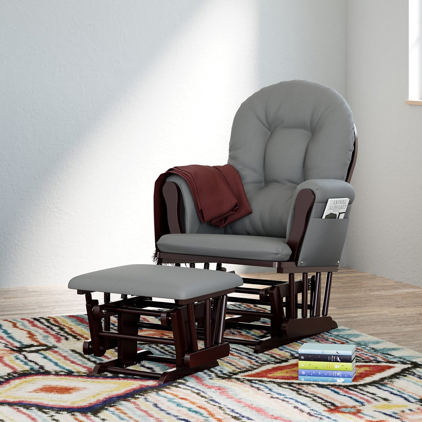 Storkcraft Premium Hoop Glider and Ottoman (Espresso Base, Gray Cushion) – Padded Cushions with Storage Pocket, Smooth Rocking Motion, Easy to Assemble, Solid Hardwood Base ebuys