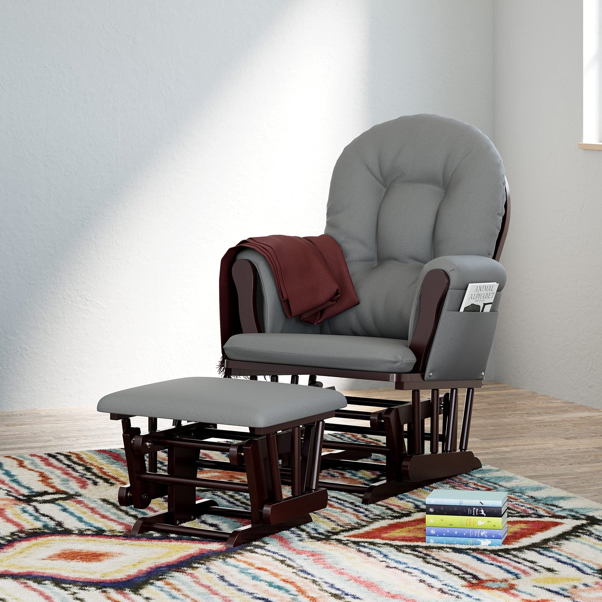 Storkcraft Premium Hoop Glider and Ottoman (Espresso Base, Gray Cushion) – Padded Cushions with Storage Pocket, Smooth Rocking Motion, Easy to Assemble, Solid Hardwood Base ebuys