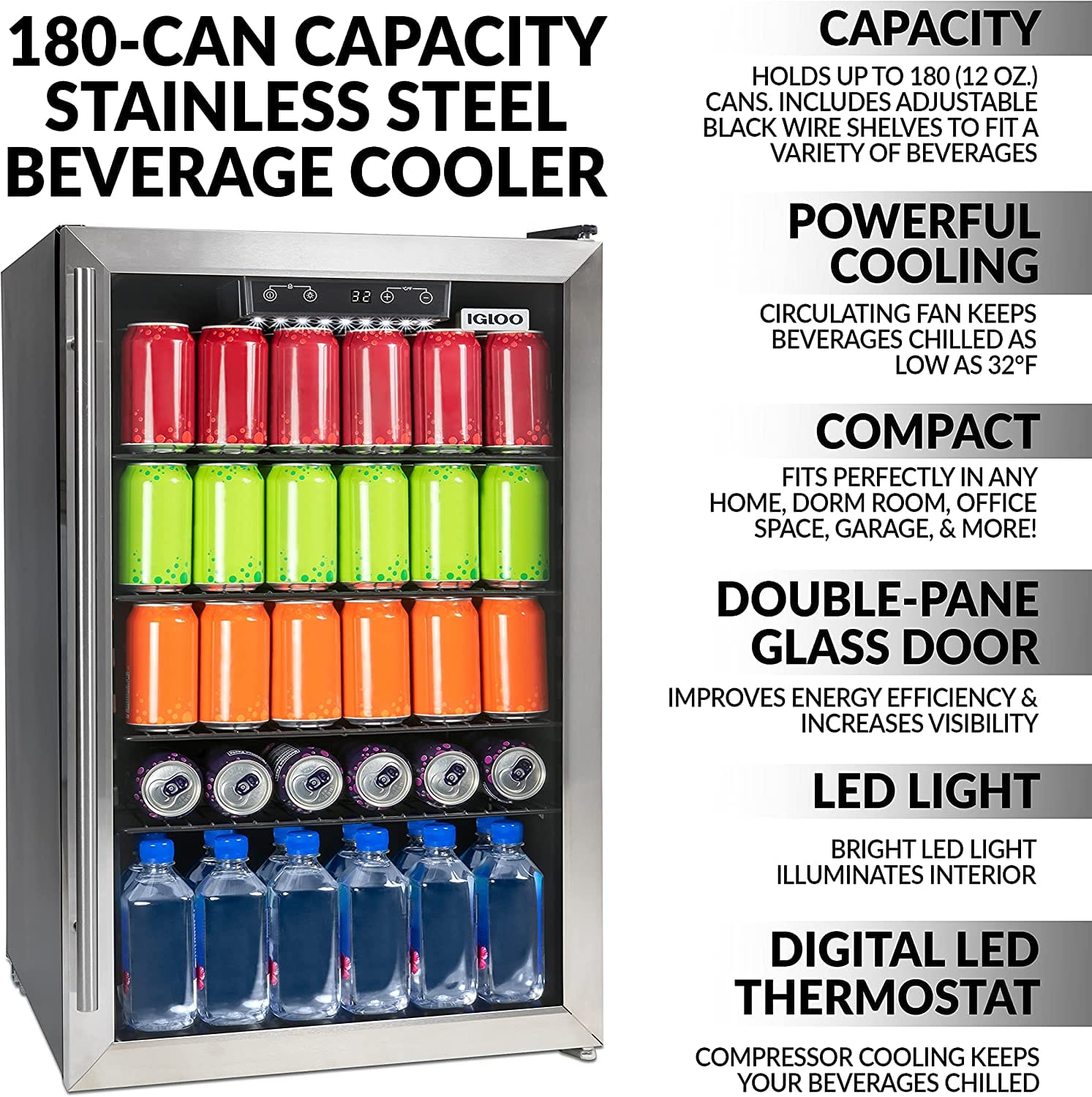 Igloo 4.1cu Beverage Center ICEB33BS Keep your favorite beverages chilled to perfection! Ideal for any home, office or bar, this impressive stainless steel beverage center provides ample space to store soda, beer and more-393103