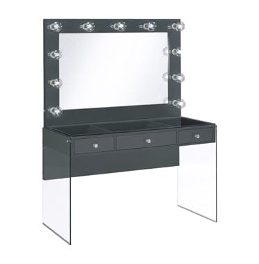 3-Drawer Vanity Desk With Lighting Mirror Grey High Gloss Complete with a smooth, grey high gloss lacquer finish across the tabletop and mirror frame- 935923 coastmega