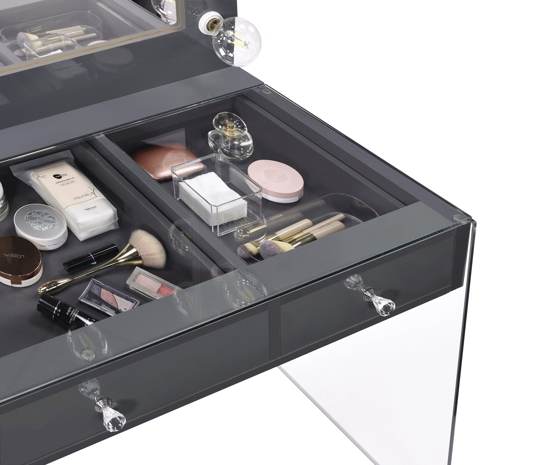 3-Drawer Vanity Desk With Lighting Mirror Grey High Gloss Complete with a smooth, grey high gloss lacquer finish across the tabletop and mirror frame- 935923 coastmega
