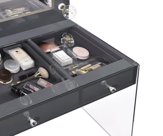 3-Drawer Vanity Desk With Lighting Mirror Grey High Gloss Complete with a smooth, grey high gloss lacquer finish across the tabletop and mirror frame- 935923 coastmega