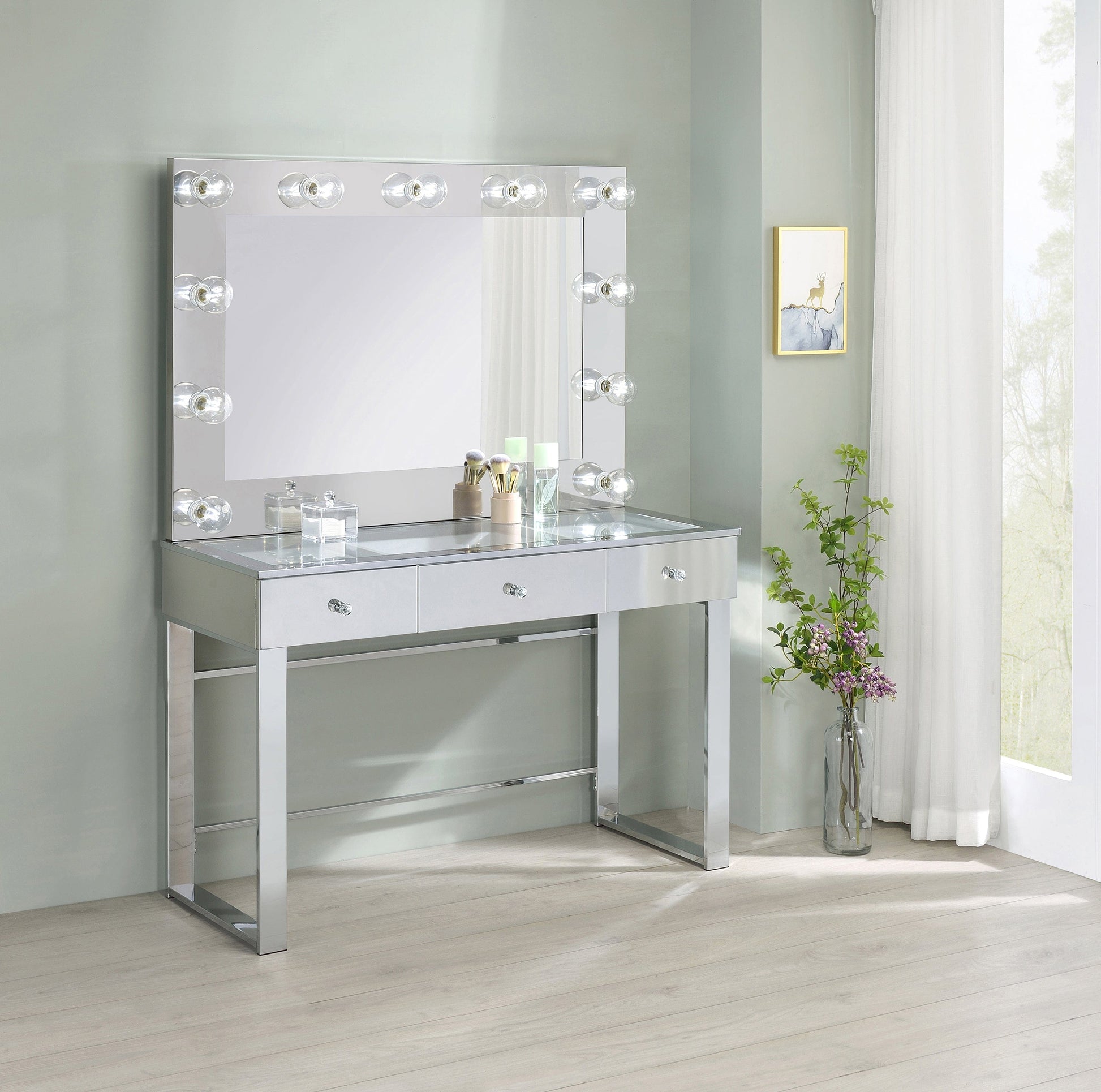 3-Drawer Vanity With Lighting Chrome And White with a Hollywood regency flair, this modern vanity set features a stunning mirror paneled design that reflects surrounding hues- 935934 coastmega