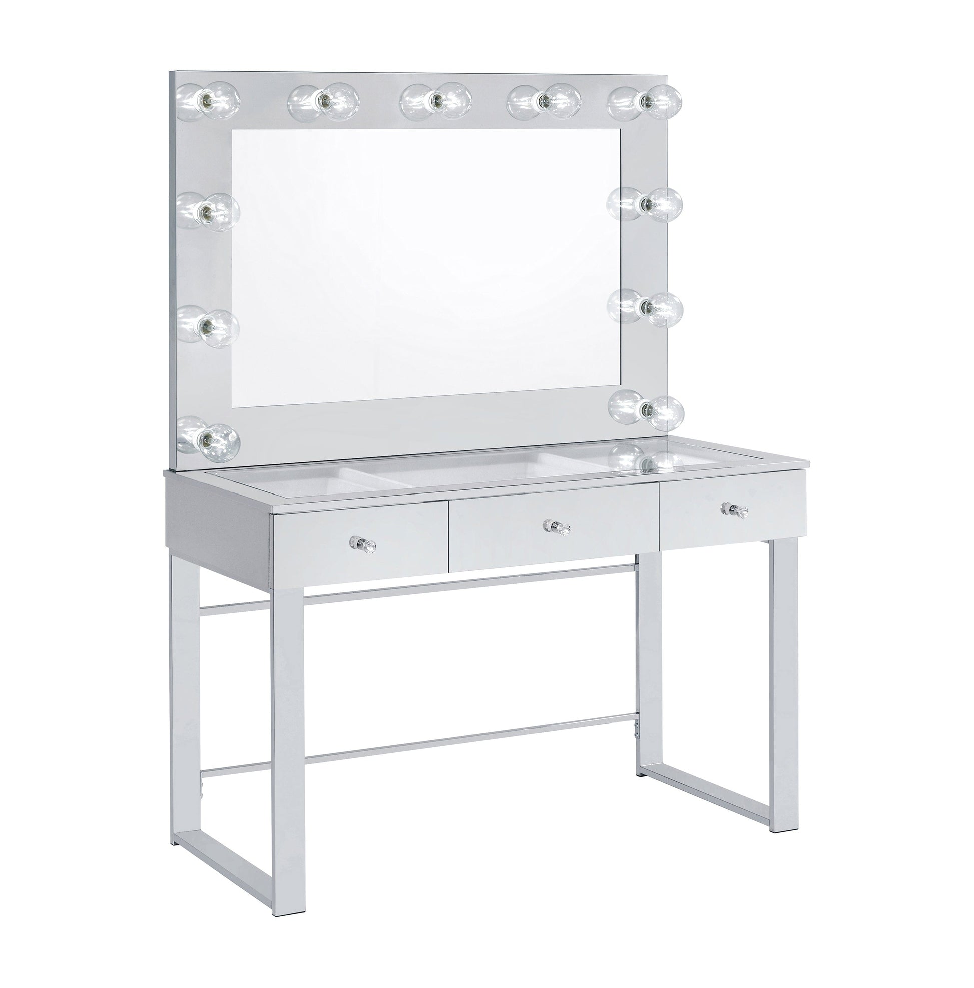 3-Drawer Vanity With Lighting Chrome And White with a Hollywood regency flair, this modern vanity set features a stunning mirror paneled design that reflects surrounding hues- 935934 coastmega