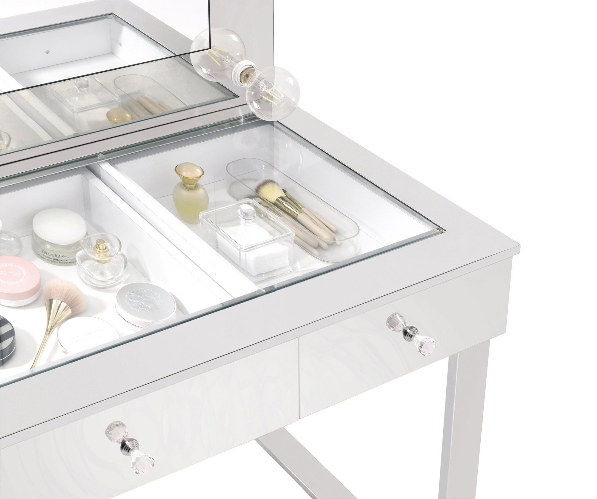 3-Drawer Vanity With Lighting Chrome And White with a Hollywood regency flair, this modern vanity set features a stunning mirror paneled design that reflects surrounding hues- 935934 coastmega