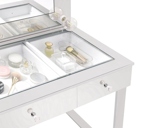 3-Drawer Vanity With Lighting Chrome And White with a Hollywood regency flair, this modern vanity set features a stunning mirror paneled design that reflects surrounding hues- 935934 coastmega