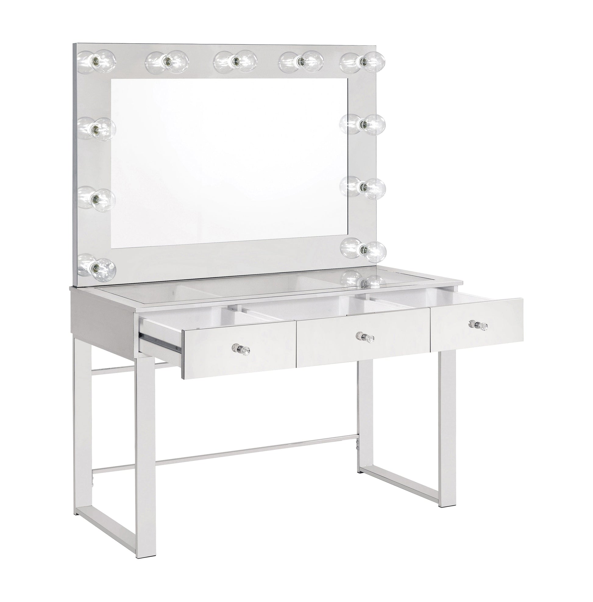 3-Drawer Vanity With Lighting Chrome And White with a Hollywood regency flair, this modern vanity set features a stunning mirror paneled design that reflects surrounding hues- 935934 coastmega