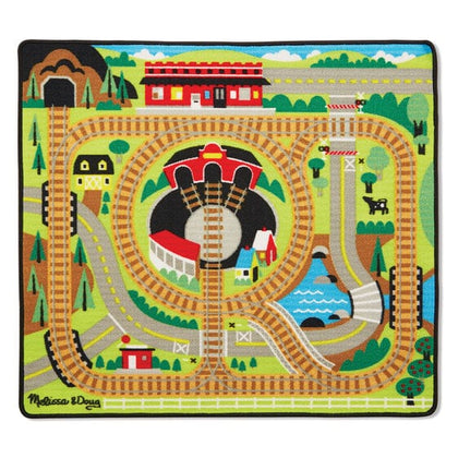 MELISSA & DOUG Round The Rails Train Rugs: Colorful activity rug with railroad theme Includes 3 wooden connectable train cars - M&D-9554