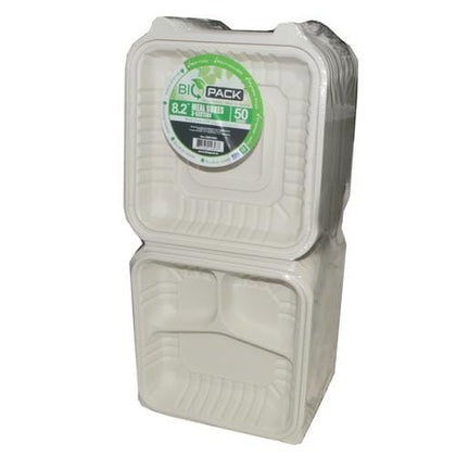 Biopack 3 Compartment Box 50 Units, Ideal for both hot and cold foods - 417197