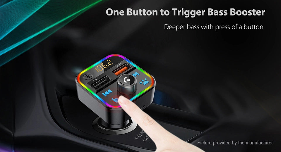 Wireless Music Stream Car Charger Bluetooth FM Transmitter with RGB Dancing light. This device releases stream music and call directly from your Bluetooth device to your car’s FM stereo system-NP-9951QUBTL