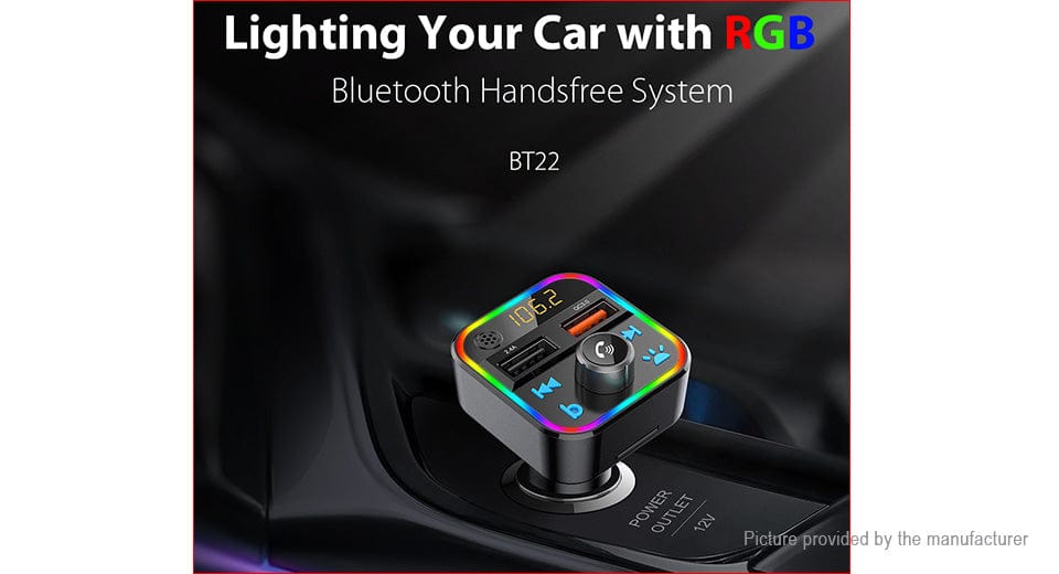 Wireless Music Stream Car Charger Bluetooth FM Transmitter with RGB Dancing light. This device releases stream music and call directly from your Bluetooth device to your car’s FM stereo system-NP-9951QUBTL